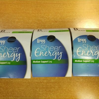 3 Pairs: L’eggs Sheer Energy Sheer Top & Toe Tights Size B JET BLACK  14D-1944